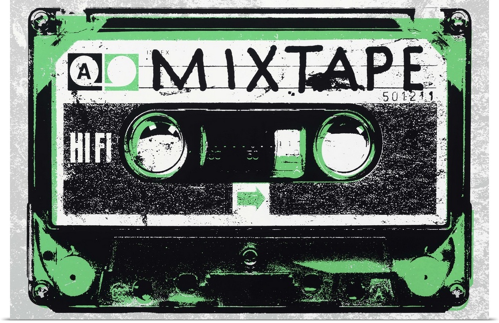 Contemporary pop art style artwork of a mixtape cassette against a green background.