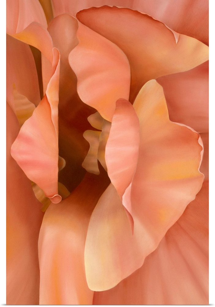 Vertical close up floral painting of layers of petals in a light yellow and orange.