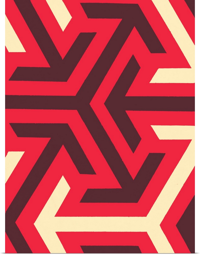 Geometric abstract artwork in shades of red white.