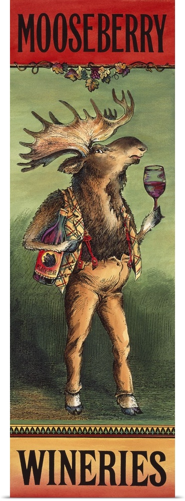 Tall and narrow painting on canvas of a moose holding a bottle of wine in one hand and a glass of wine in the other.
