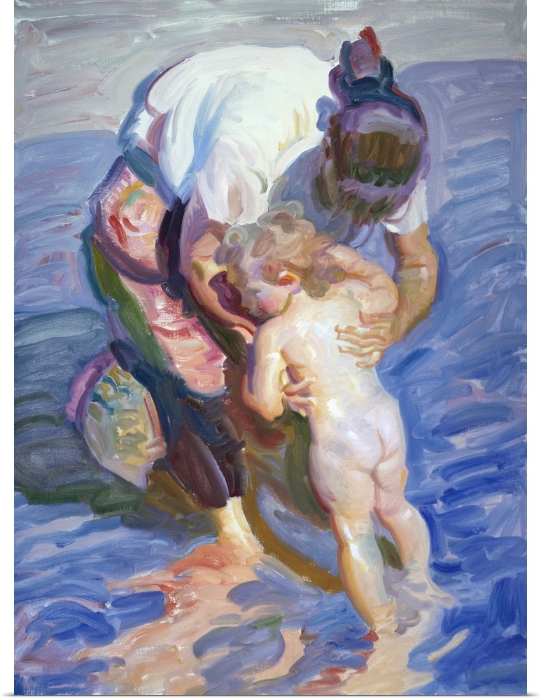Painting of a mother holding her child in the ocean water.