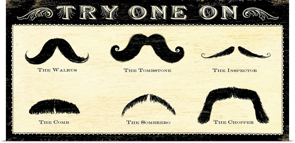 Retro wall art of an identification guide to six types of mustaches with examples.
