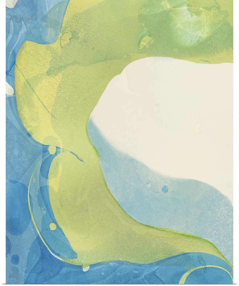 A contemporary abstract painting using pale blue and green in a swirling of paint.