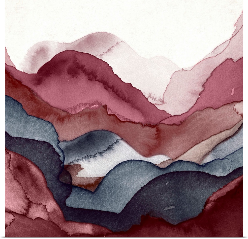A contemporary abstract painting using watercolors to create a layered landscape.