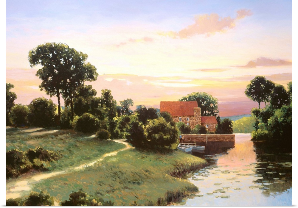 A contemporary painting of a countryside landscape with a house in the distance.