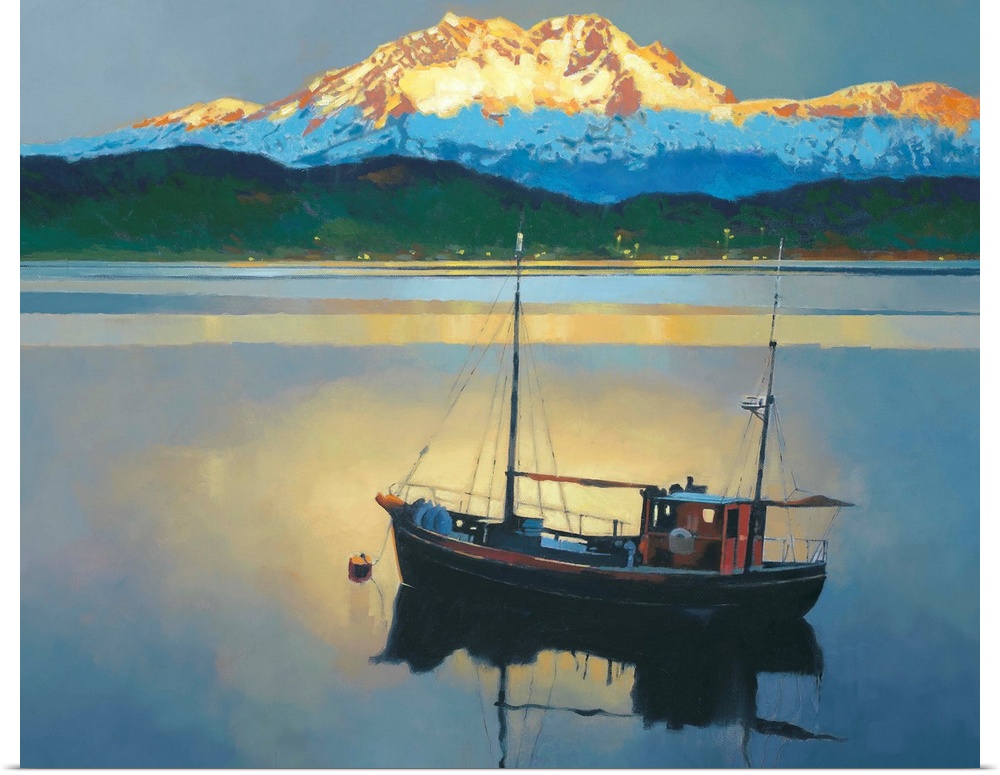 Contemporary painting of a fishing boat on a calm lake with a large mountain in the distance.