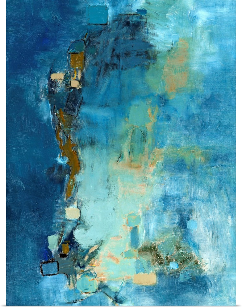 Large abstract painting in blue, beige, and green hues.