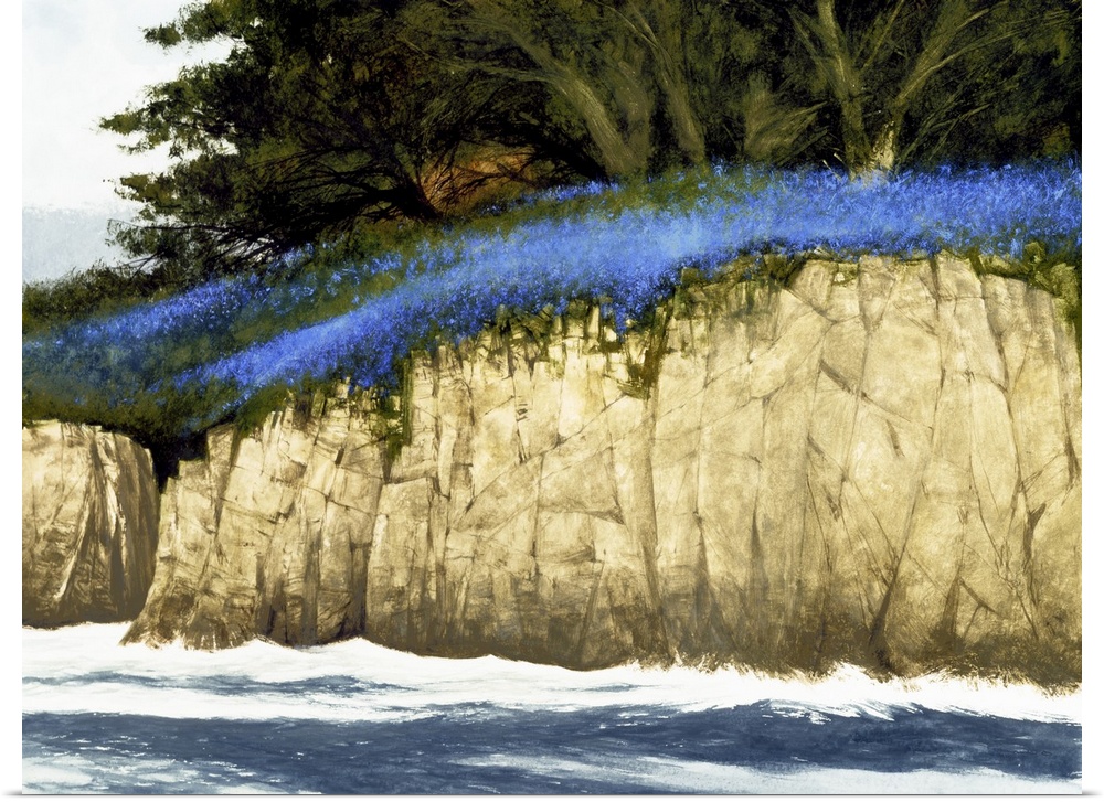 Contemporary painting of a rocky seaside cliff full of blue wildflowers and lush green trees.