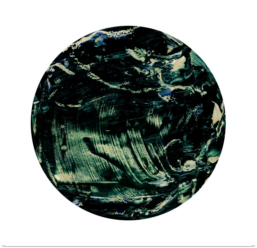A contemporary abstract painting using dark green in a circle against a white background.