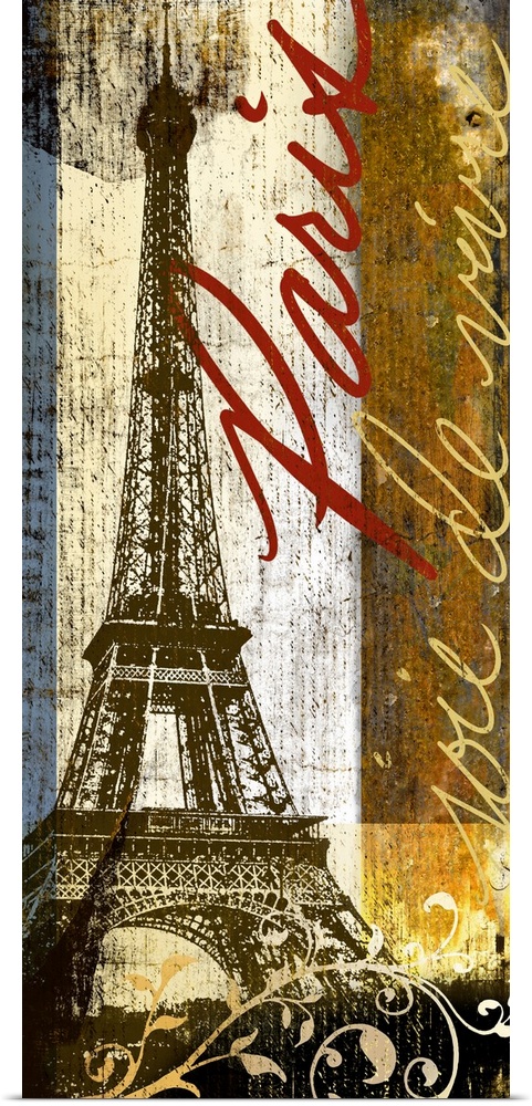 This vertical decorative accent is a rendering of the Eiffel Tower collaged with paper textures, scrolling vine embellishm...