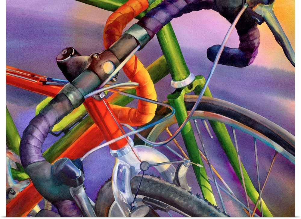 Contemporary up-close painting of two bicycle handle bars and front tires.