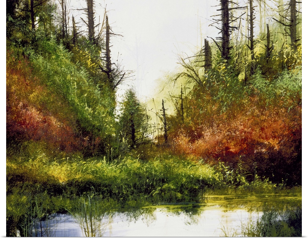 Contemporary painting of a pine tree forest with a small pond in the foreground.