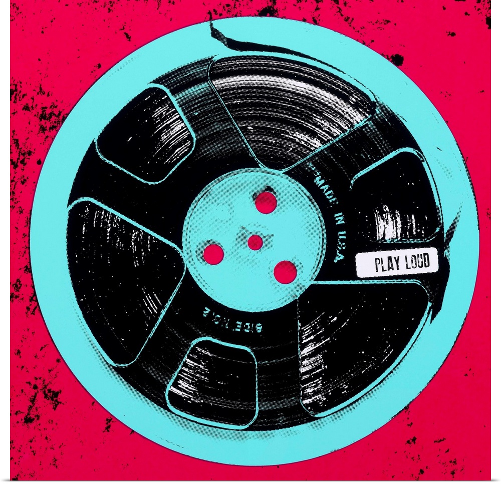 Contemporary pop art style artwork of a record tape against a red background.