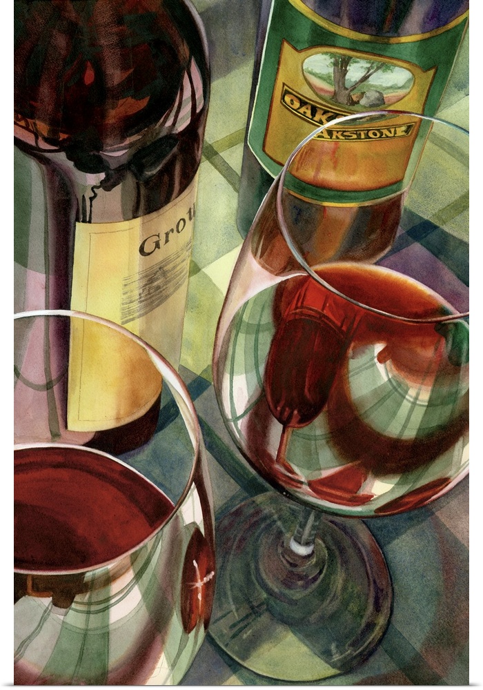 Contemporary painting of wine bottles and wine glasses, filled with red wine.