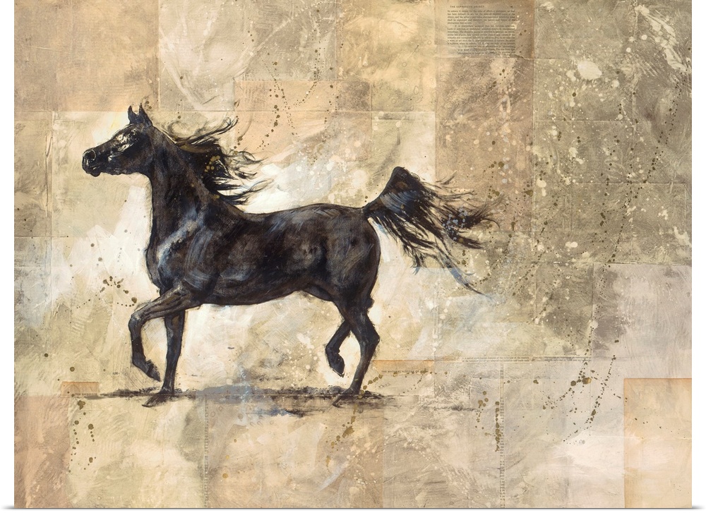 Contemporary artwork of a black stallion prancing with a neutral background that has blocks of different shades.