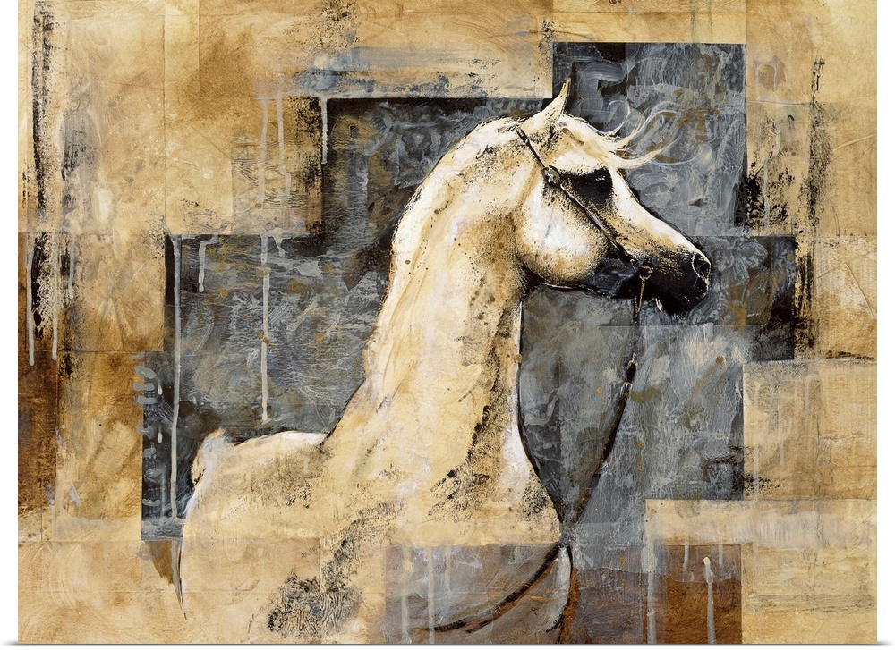 Large contemporary art showcases an illustration of a horse.  Surrounding the horse, the artist places a border of differe...