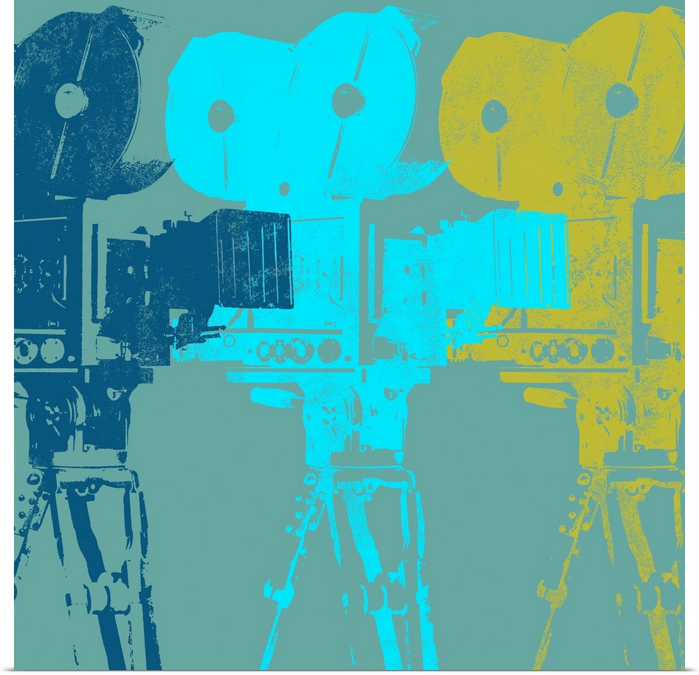 Contemporary painting of three colorful vintage camera silhouettes overlapping each other.