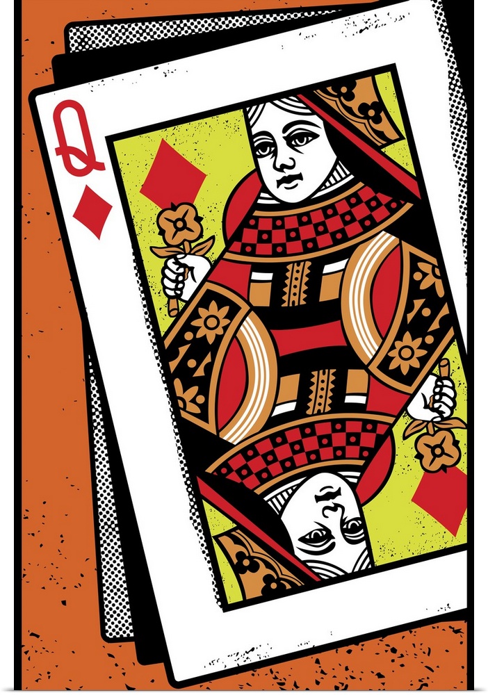 Digital illustration of a Queen of diamonds on an orange background.
