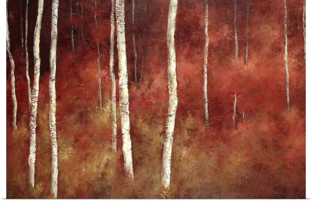 Giant, contemporary painting of thin white tree trunks in a forest surrounded with red and golden tones, making the forest...
