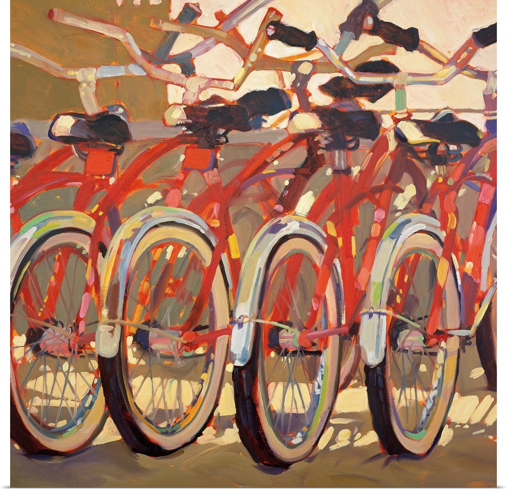 Contemporary painting of five vintage bicycles parked in a row.