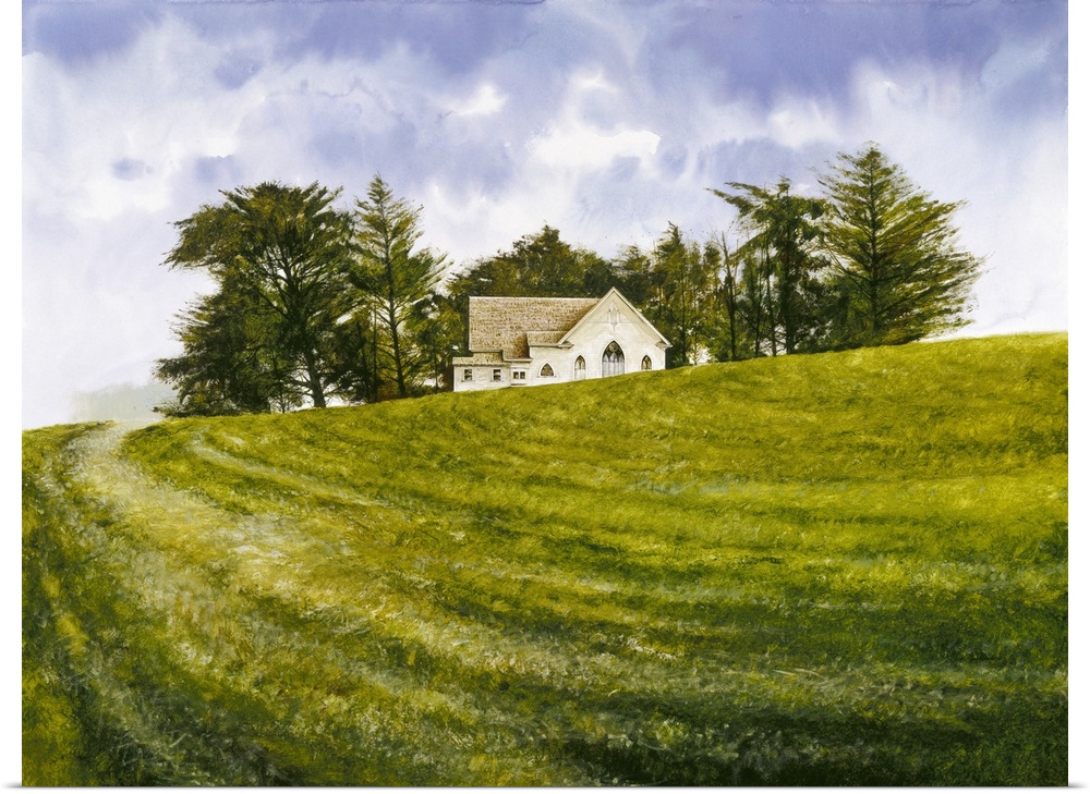 Contemporary landscape painting of a lush green hill leading up to a white house with trees in the background.