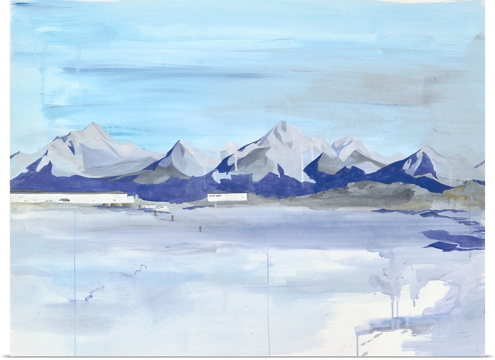 Contemporary painting of a mountain range on the horizon.