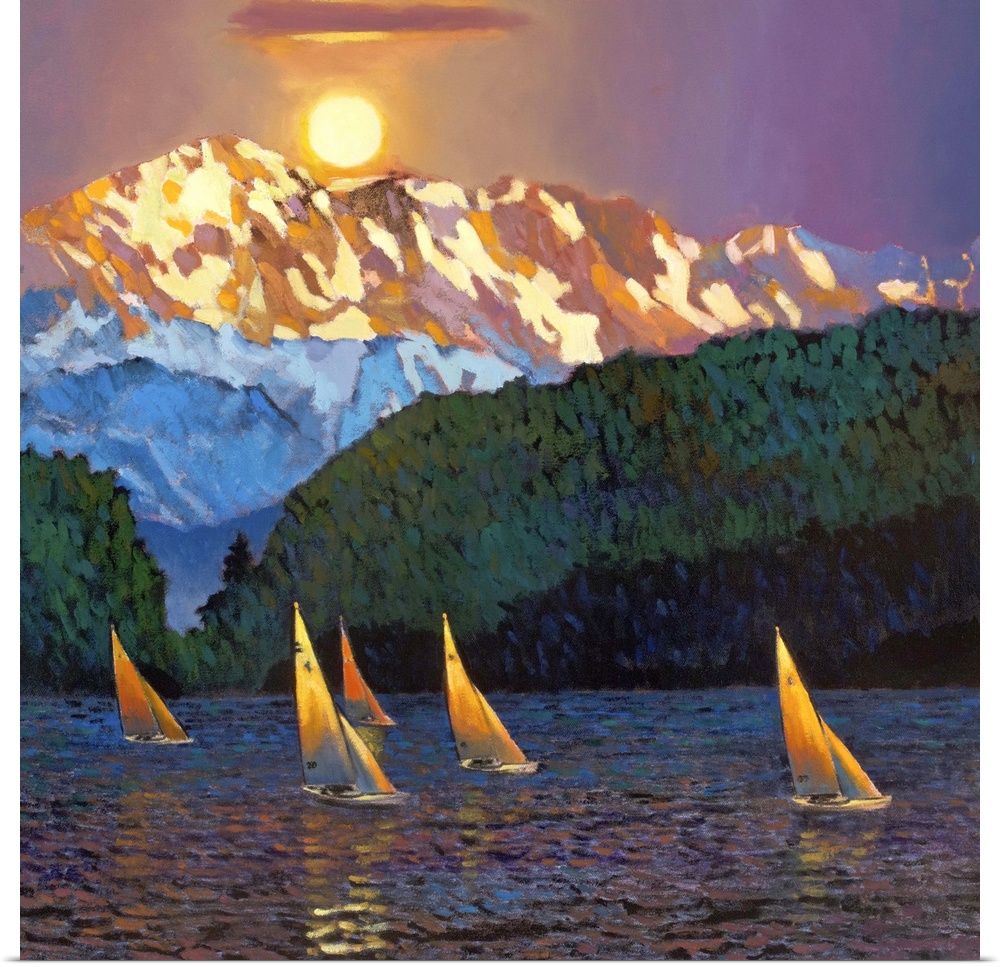 Contemporary painting of five sailboats on the water with the sun setting over a tall mountain peak.