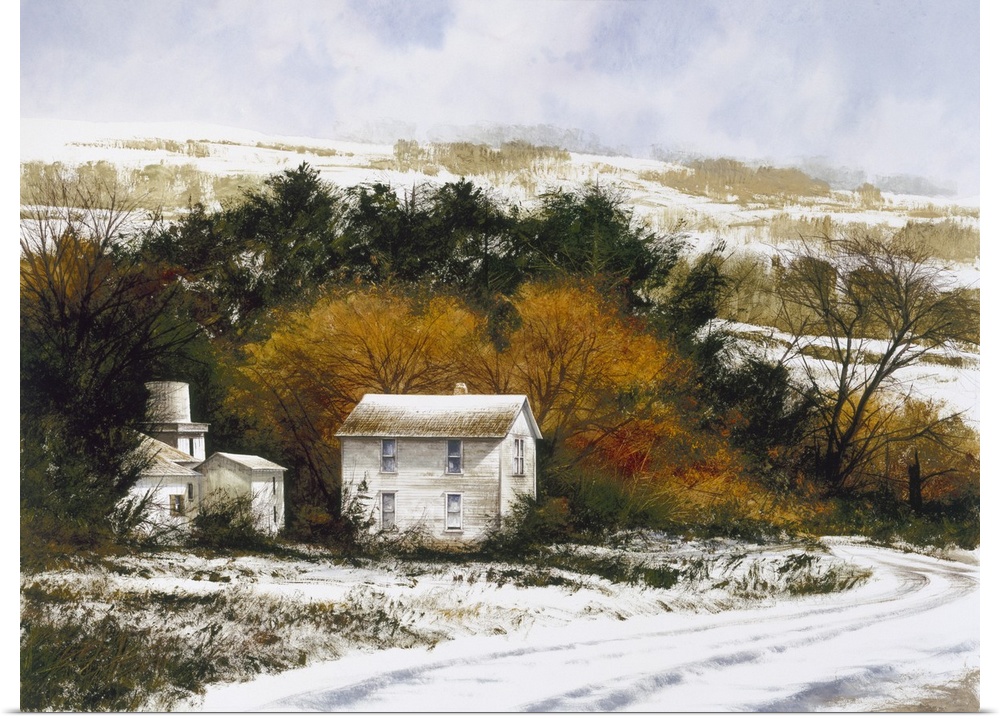 Contemporary landscape painting of a snowy countryside with a winding road leading to two white homes.