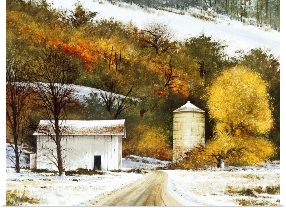 Contemporary painting of a snowy countryside with a road leading to a white barn and silo.