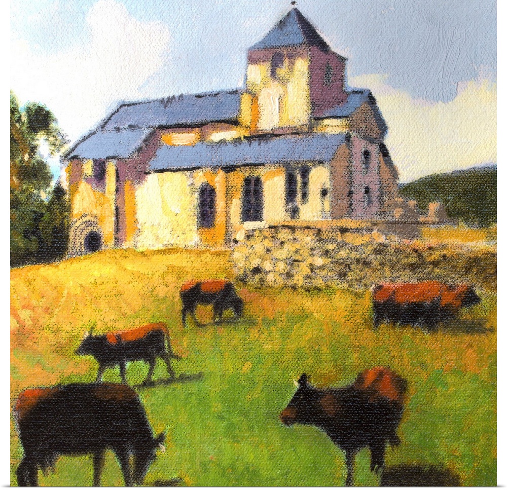 Contemporary painting of several cows grazing in a field near a farmhouse.