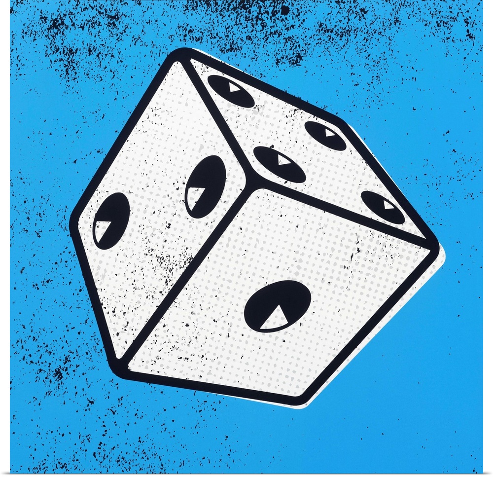Contemporary pop art style artwork of a die against a blue background.