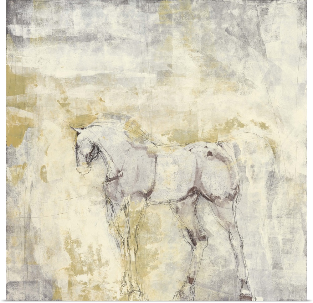Contemporary painting of the form of a horse with its head turned to the side.