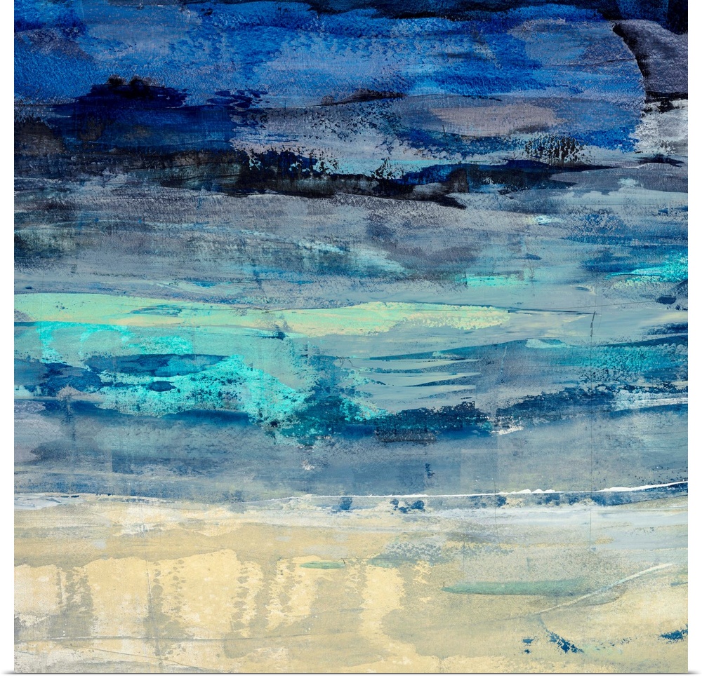 Contemporary abstract painting using a variety of blue tones transitioning to a cream tone.