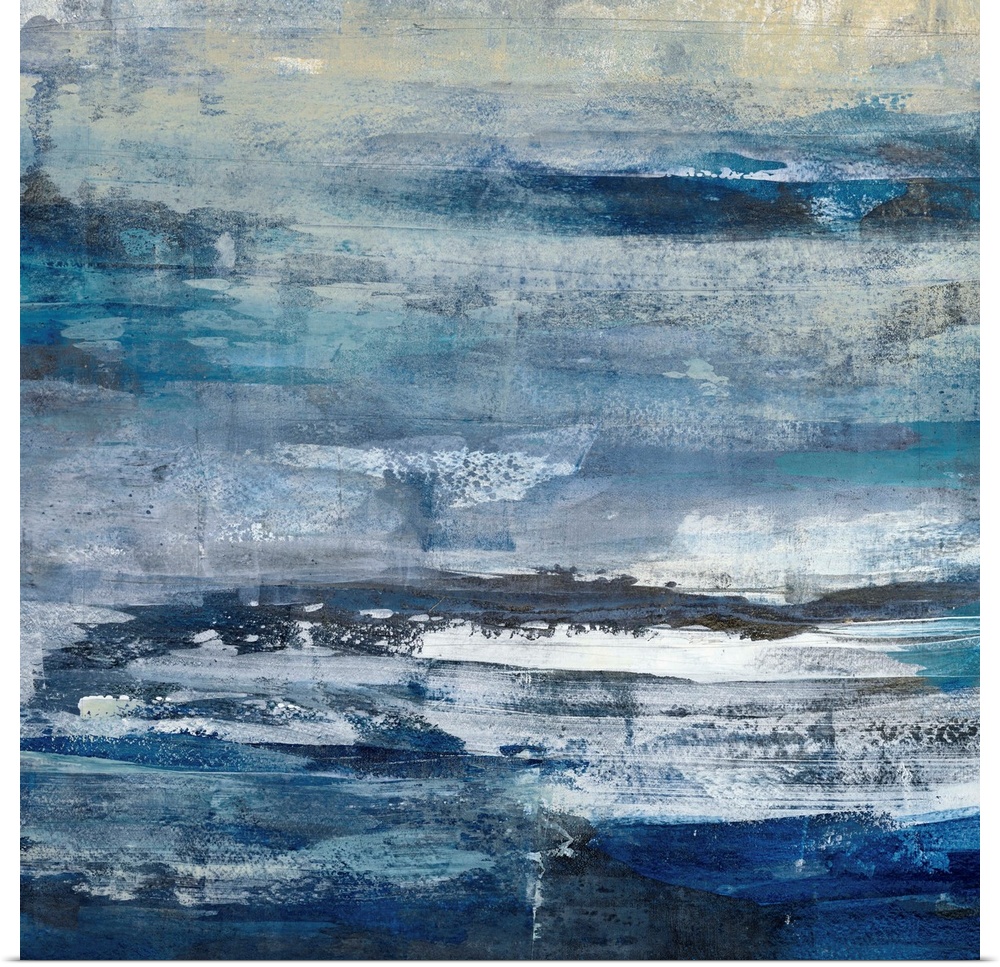 Contemporary abstract painting using a variety of blue tones.
