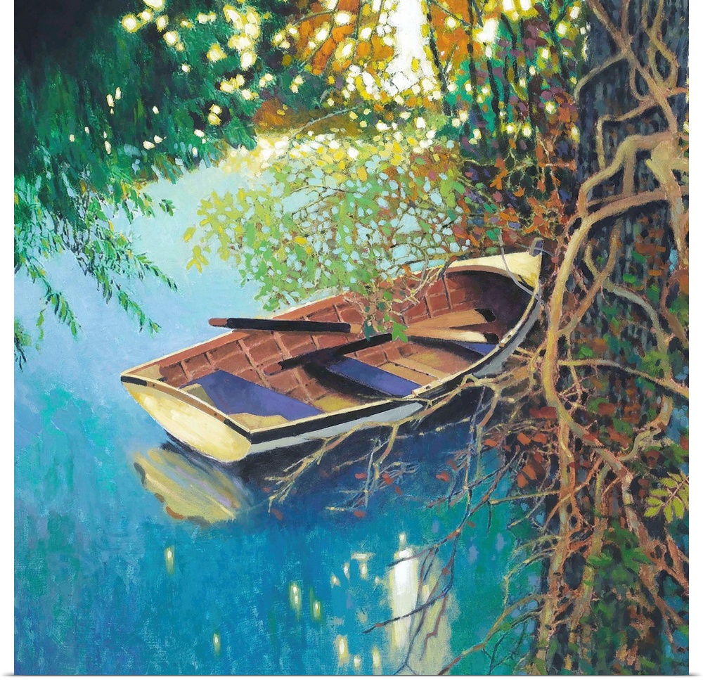 Contemporary painting of a wooden boat at the edge of a river near roots of a  tree.