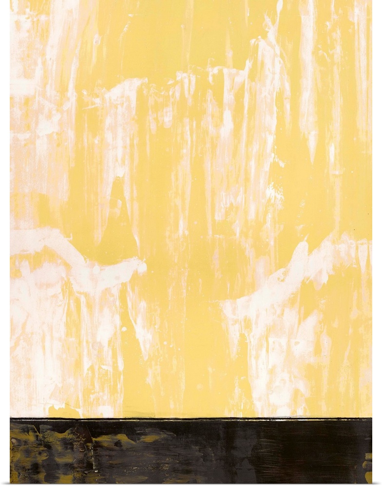 Large abstract painting with a pastel yellow and white hue at the top and a black rectangular section at the bottom with m...
