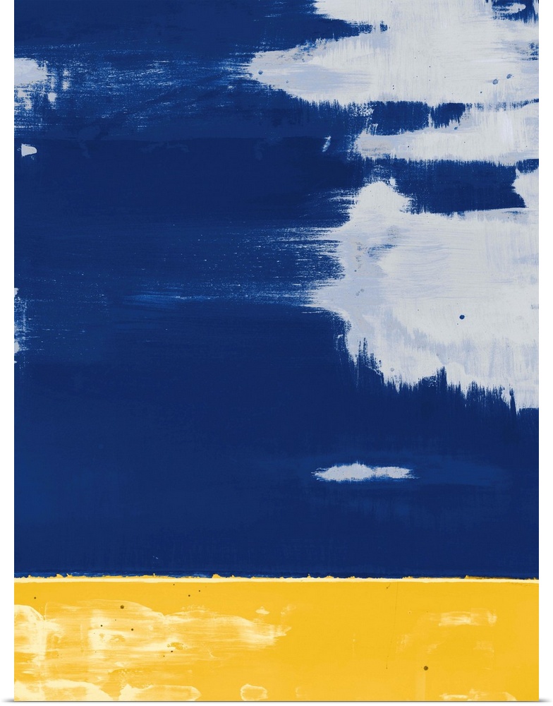 Contemporary asymmetrical abstract painting with a sectioned yellow bottom and a blue top with grey brushstrokes throughout.