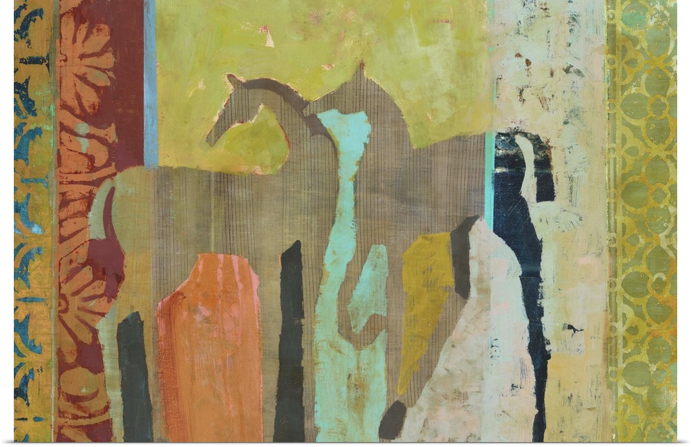 Big painting of two horses on top of vertical strips of patterns.