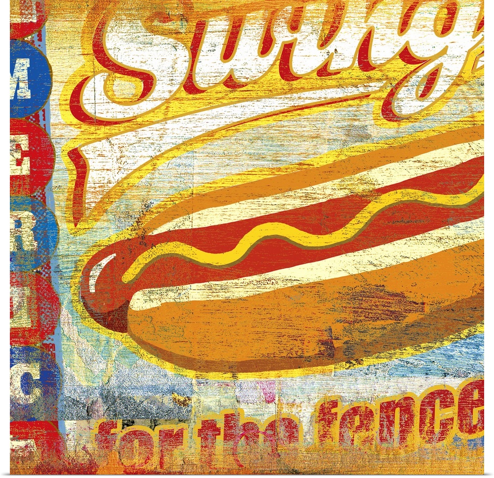 Vintage poster of a cartoon like hot dog with faded text surrounding it.