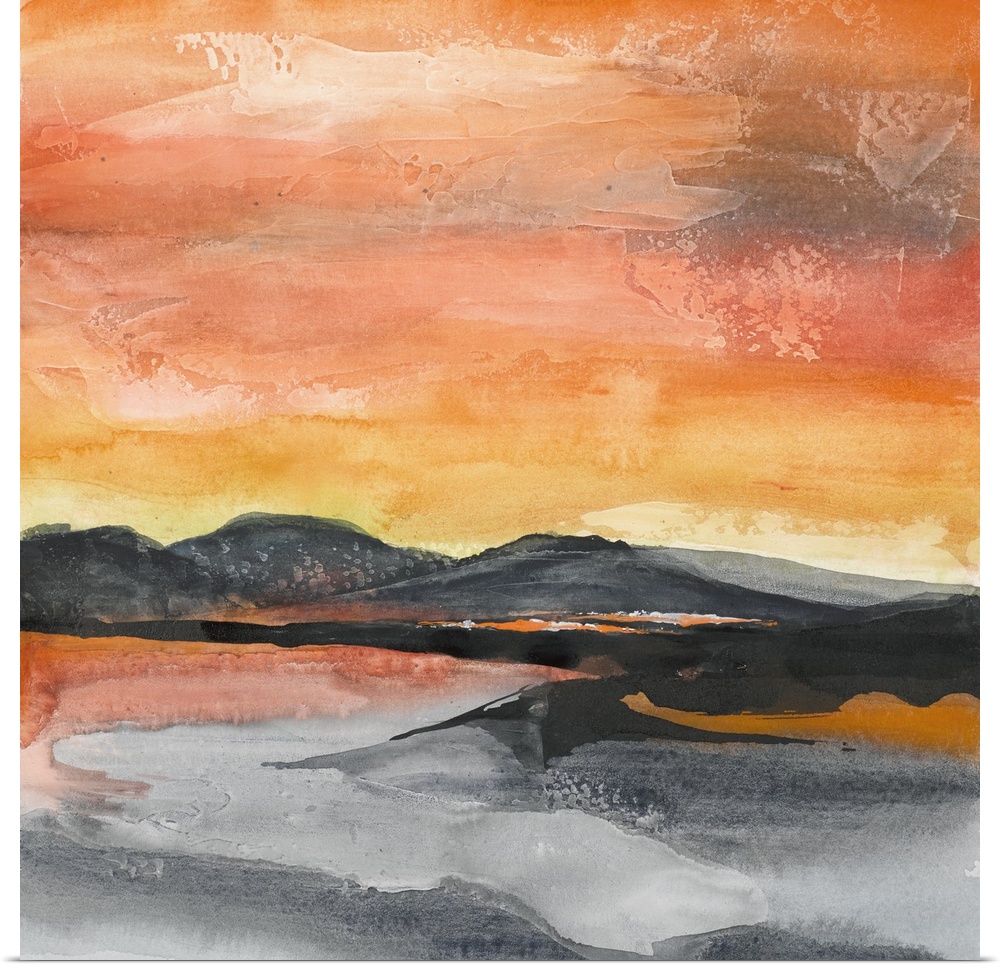 Square abstract painting of a mountainous landscape in New Mexico with a fiery red and orange sky.