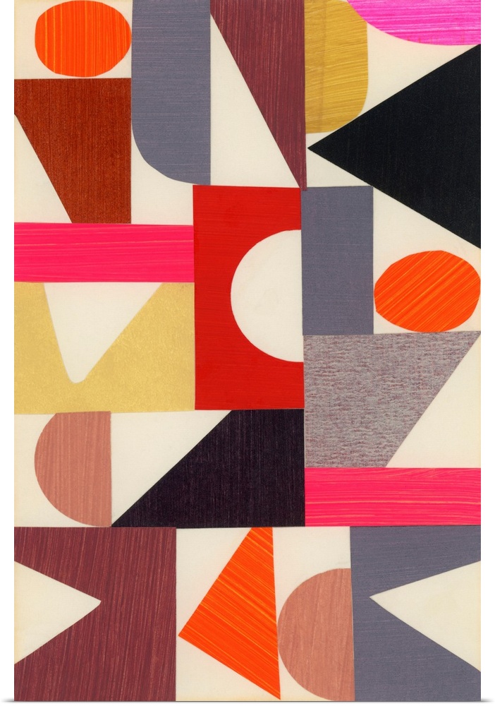 An impactful piece of mid century modern art featuring geometric shapes in neutral shades with pops of bright color