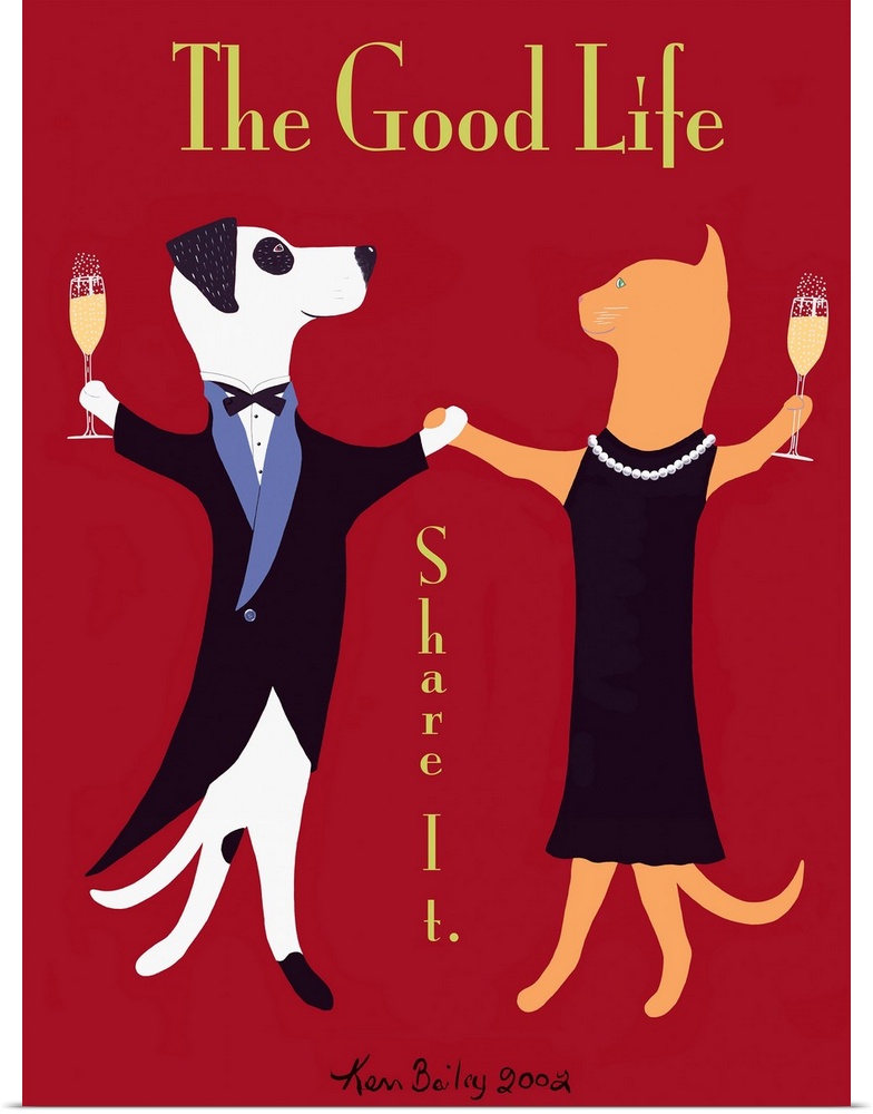 Huge retro art composed of a dog in a tuxedo and a cat in a dress enjoying a glass of champagne while they dance against a...