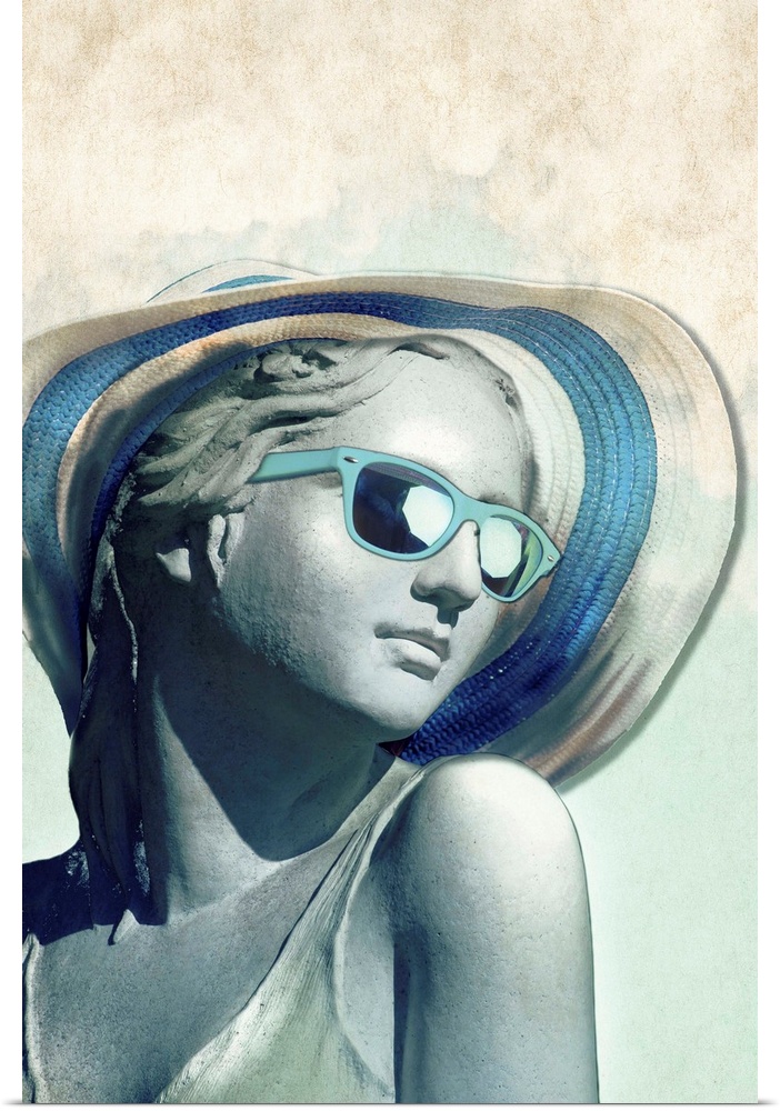 Illustration of a statue wearing a large sun hat and blue sunglasses.
