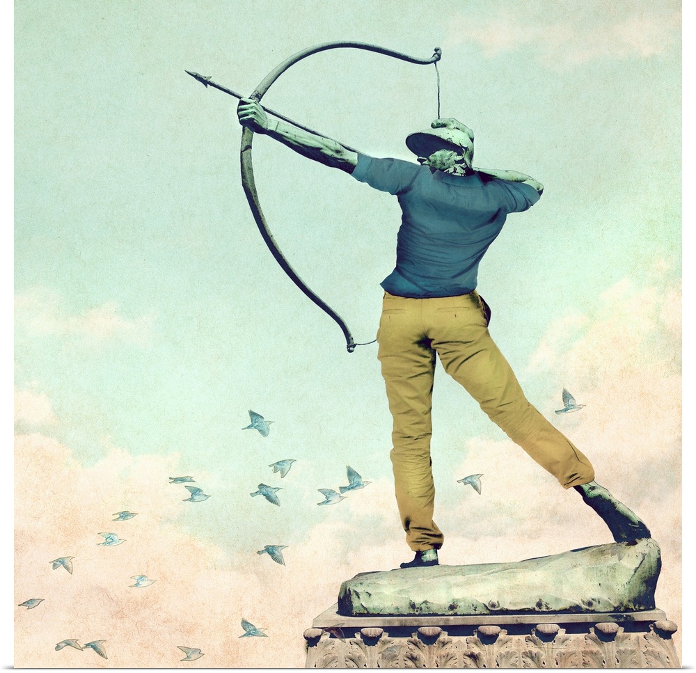 Humorous illustration of a statue shooting a bow and arrow dressed up in clothes.
