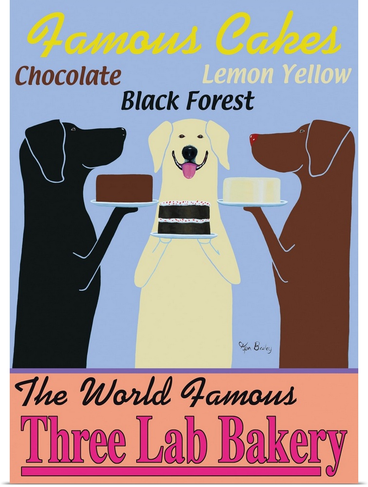Retro-style artwork of three Labrador retriever dogs, each holding a lemon, black forest, or chocolate cake.