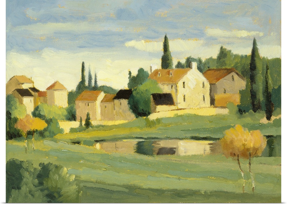 Landscape painting with quaint country houses.