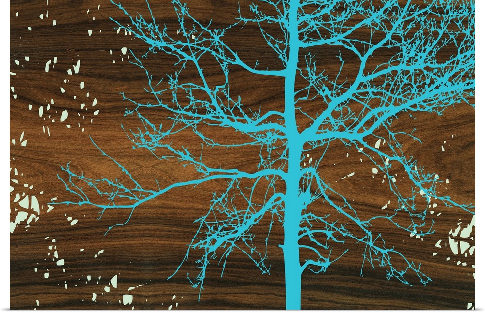 Decorative turquoise silhouette of a tree against natural wood grain texture, resembling a wavy backdrop, with speckled li...