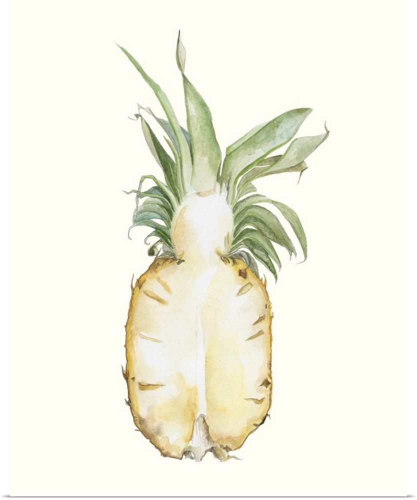 Contemporary watercolor painting of a pineapple split in half on an off white background.