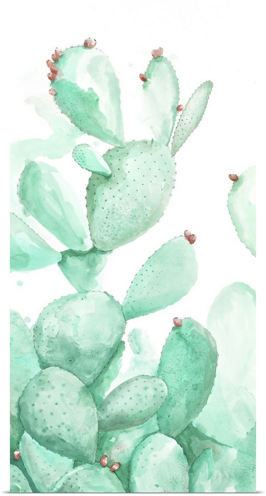 A contemporary watercolor painting of a vibrant green cactus against a white background.