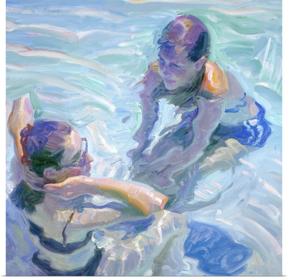 Painting of two young women floating in a pool.